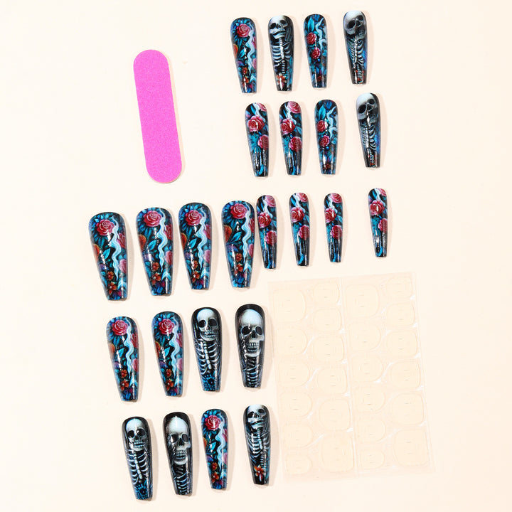 Gothic Skeleton-Themed Acrylic Nail Art Extensions Bowlift