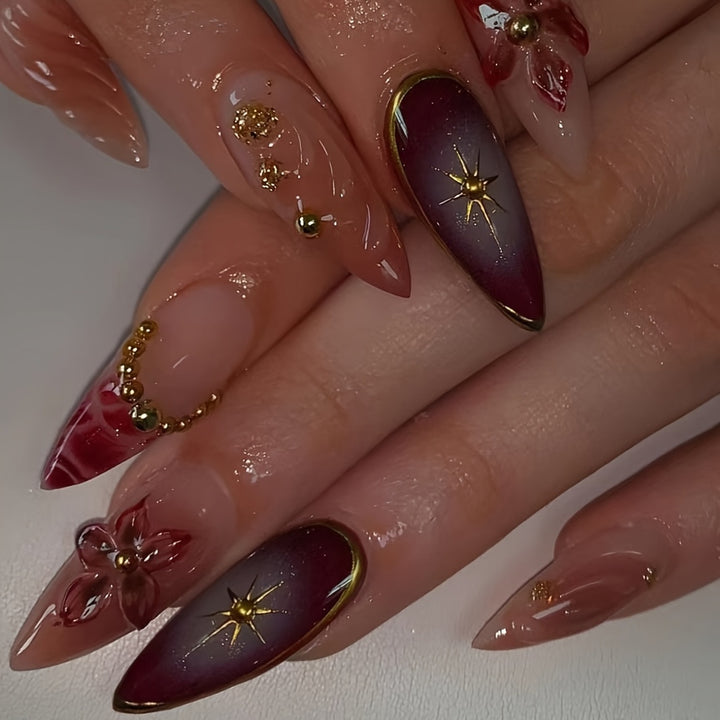 Artistic Stiletto Press-On Nails with Floral and Star Designs Bowlift