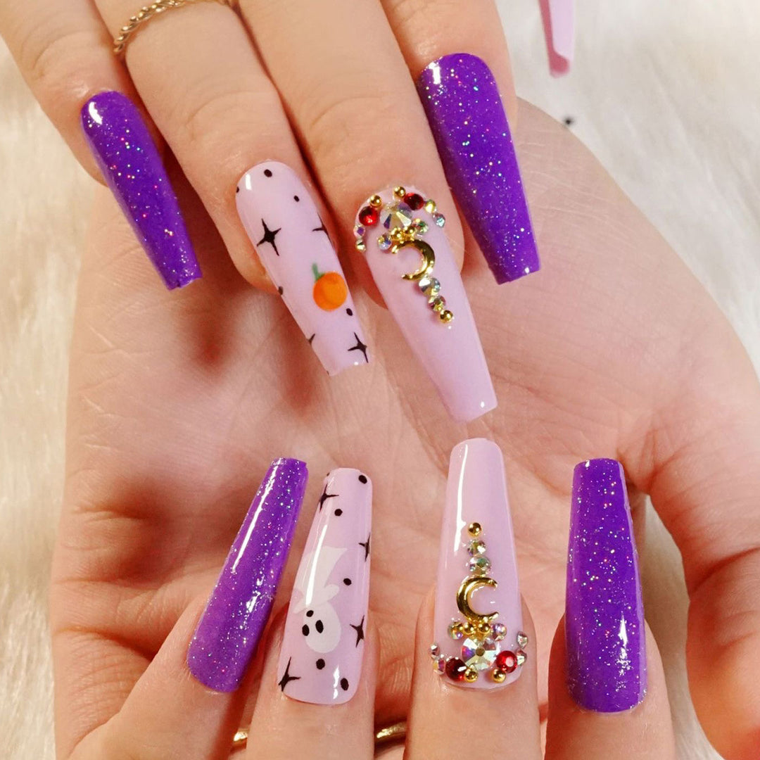 Artistic Stiletto Press-On Nails with Glitter and Decorative Accents Bowlift