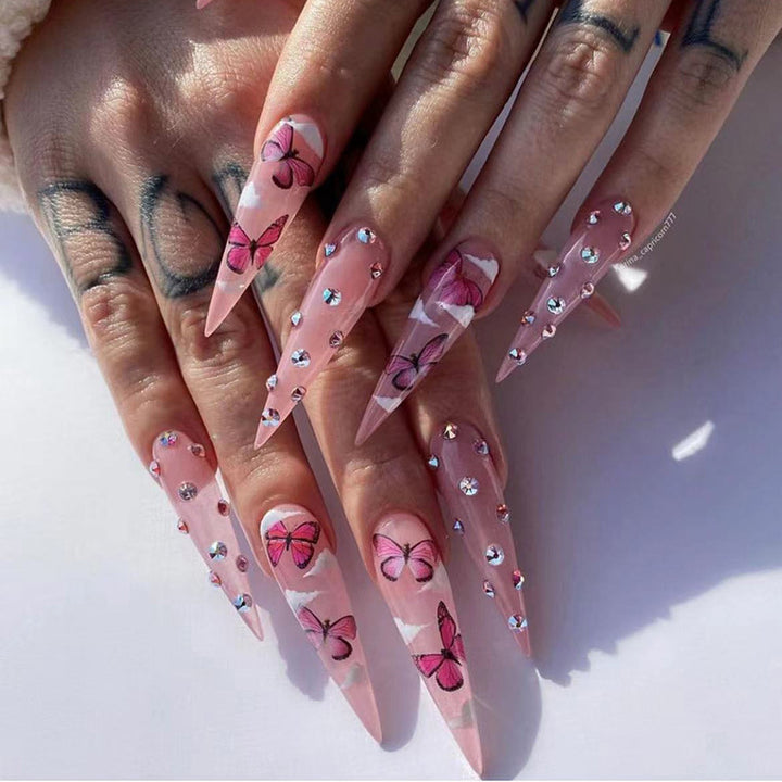 Decorative Stiletto Press-On Nail Art Set with Butterfly Design Bowlift