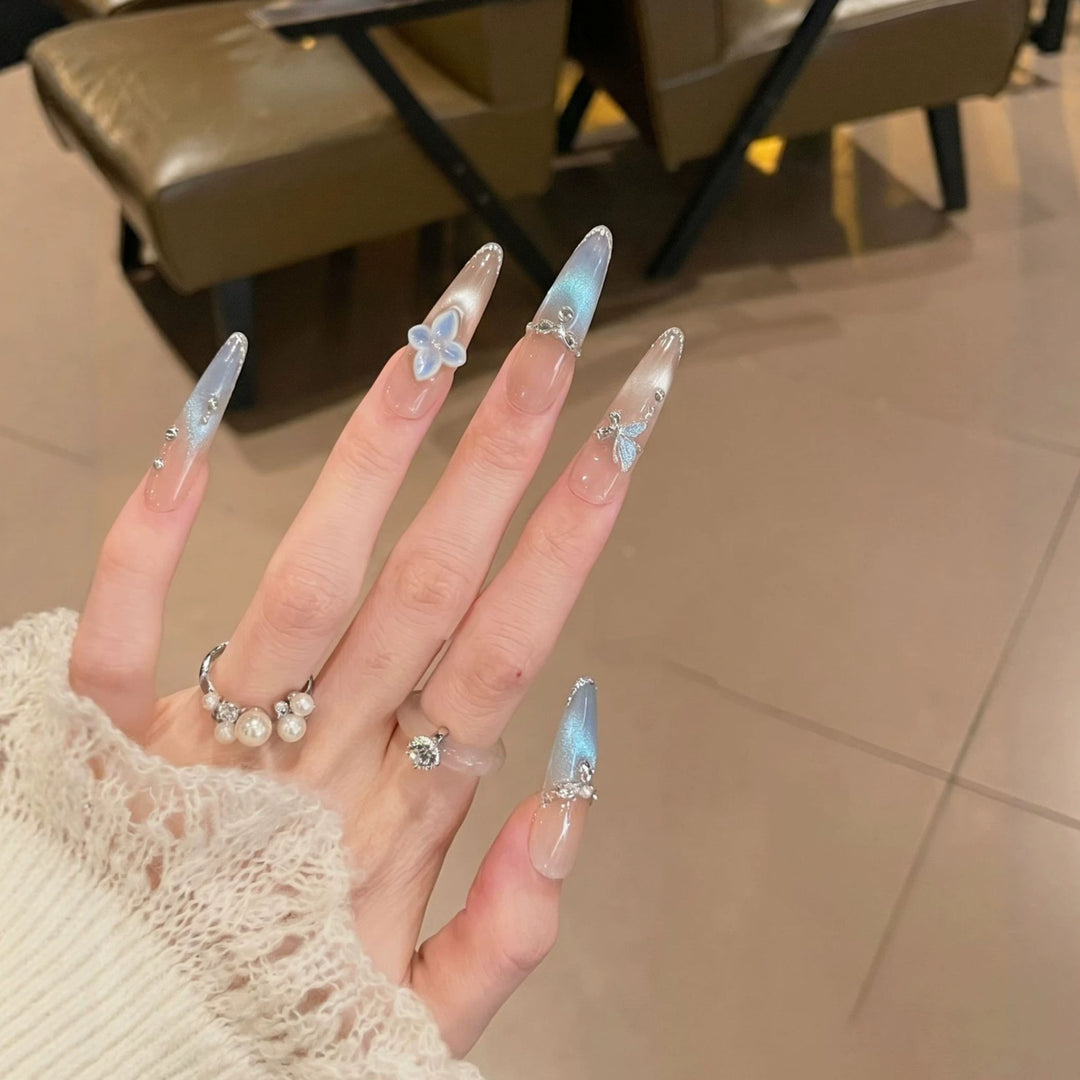 Artistic Press-On Nail Set with Floral and Gemstone Accents Bowlift
