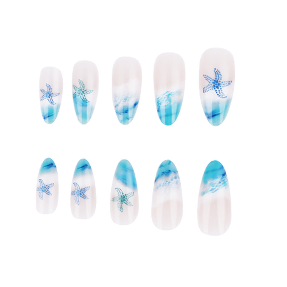 Artistic Press-On Nail Set with Ocean-Inspired Design Bowlift