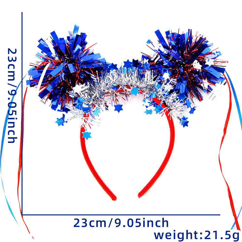Unisex nan eye-catching party headband with attached pom poms, star tinsel, and small flag pendants Bowlift