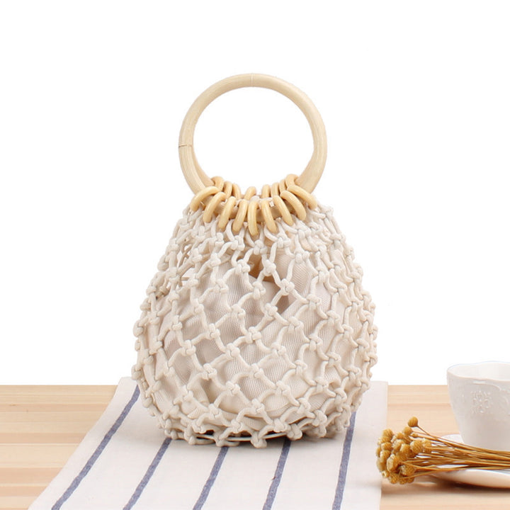 Tote bag with hand-knotted net design and wooden handle Bowlift