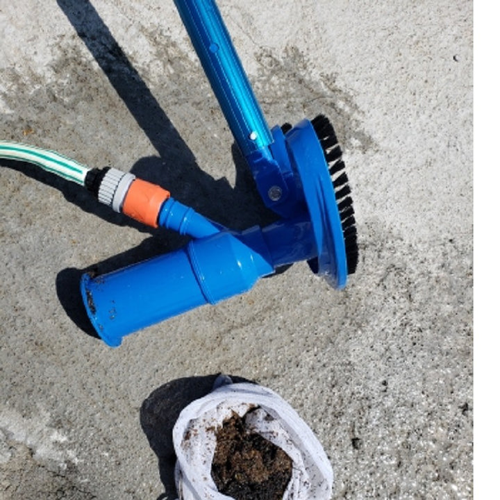 Telescopic pool vacuum head with heavy duty scrubbing bristles and fine mesh debris collection bag Bowlift
