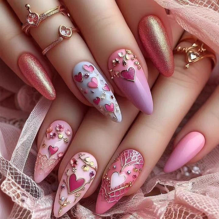 Artificial nail set with romantic heart and floral decorations Bowlift