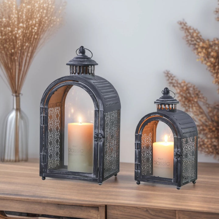 Antique-Style Arched Metal and Textured Glass Candle Lantern for Pillar Candles Bowlift