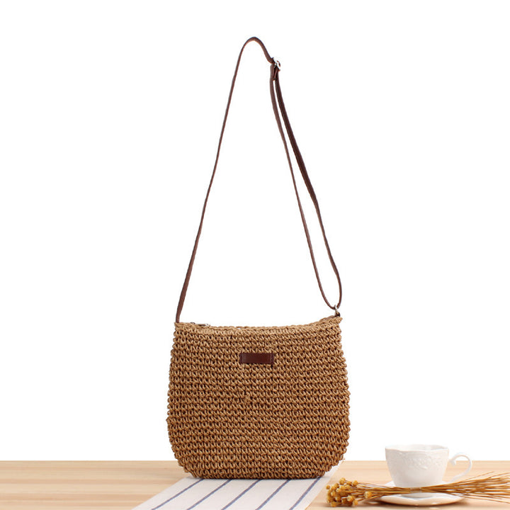 Woven Natural Material Shoulder Bag with Removable Leather Strap Bowlift