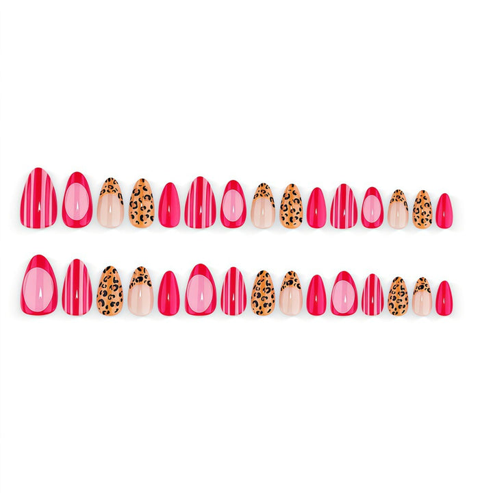 Artificial Nail Set with Stylish Leopard and Stripe Pattern Bowlift