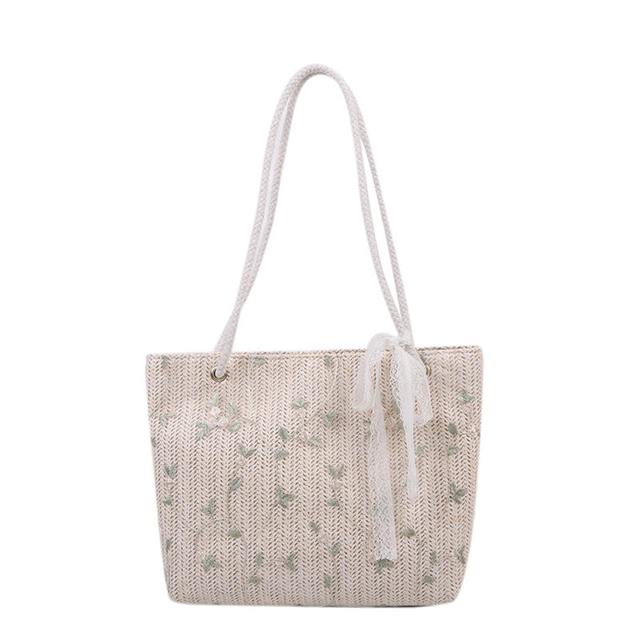 Woven Straw Beach Tote Bag with Decorative Ribbon