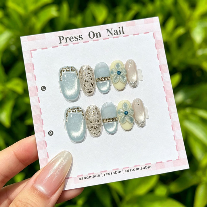 Handmade Press-On Nail Set with Floral and Glitter Embellishments
