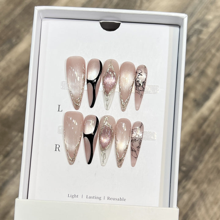 Artistic Stiletto Press-On Nail Set with Unique Marble Design Bowlift