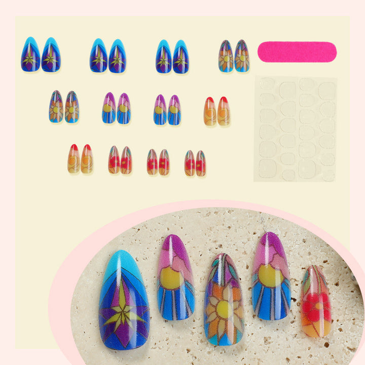Artistic Press-On Nail Art Set with Floral and Geometric Patterns Bowlift