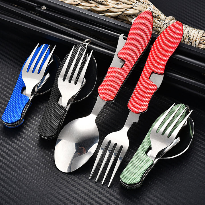 folding stainless steel camping cutlery set with textured grip locking hinge and compact travel clip Bowlift