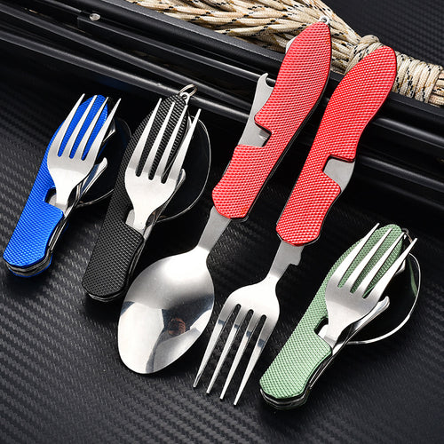 folding stainless steel camping cutlery set with textured grip locking hinge and compact travel clip Bowlift