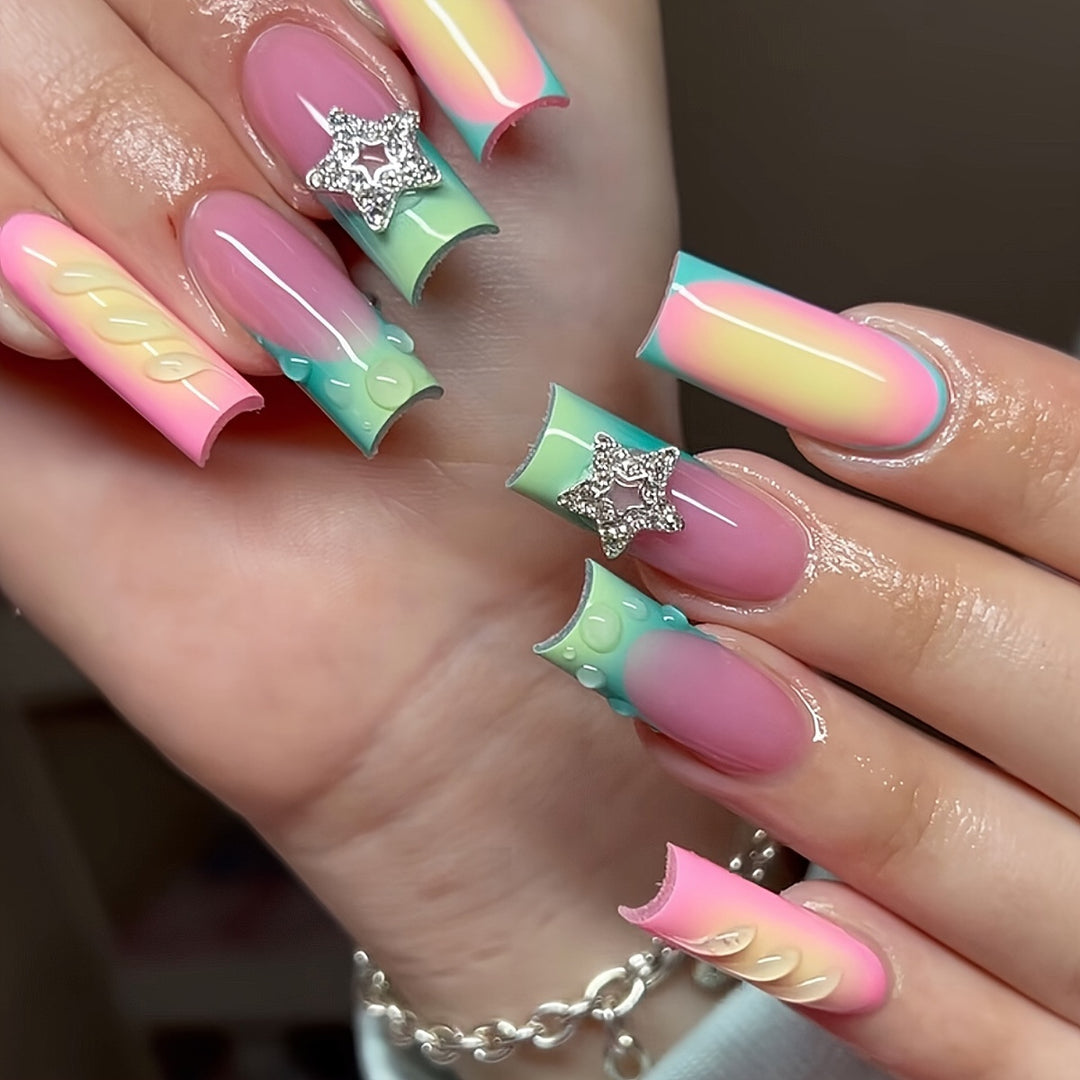 Artistic Ombre Press-On Nails with Gemstone Accents Bowlift