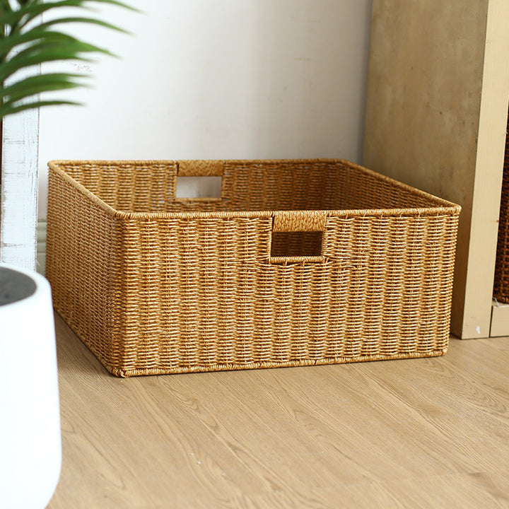 Large Handwoven Rectangular Storage Basket with Cutout Handles Bowlift