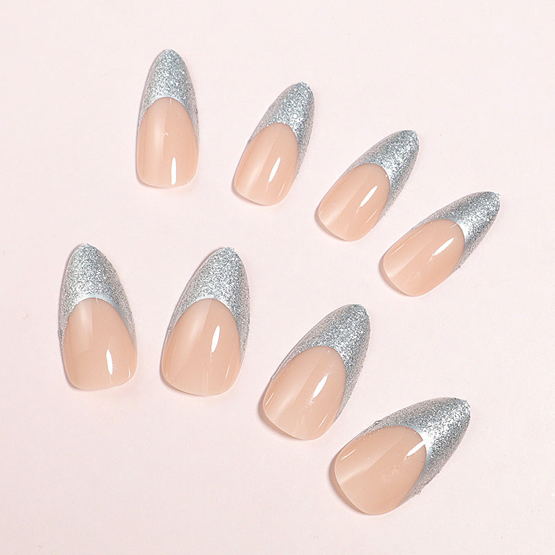 Elegant Glossy Almond-Shaped Press-On Nails with Silver Glitter Tips Bowlift