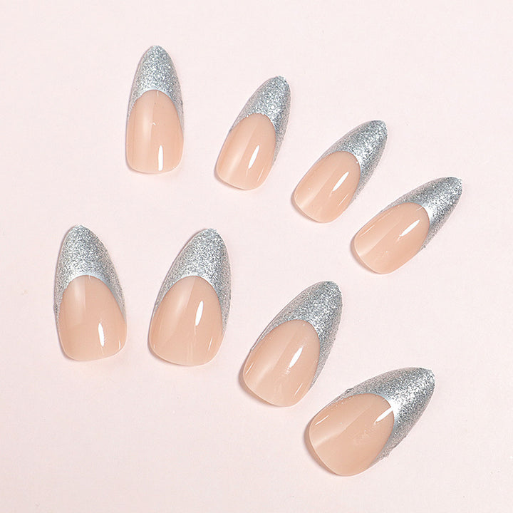 Elegant Glossy Almond-Shaped Press-On Nails with Silver Glitter Tips Bowlift