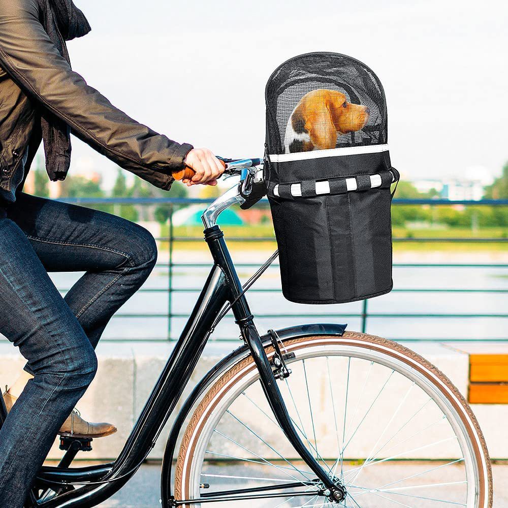 front-mount bicycle pet carrier basket with mesh canopy, reflective trim and adjustable straps Bowlift