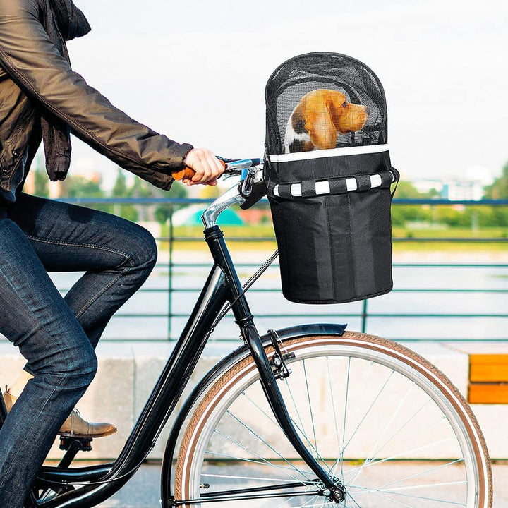 front-mount bicycle pet carrier basket with mesh canopy, reflective trim and adjustable straps Bowlift