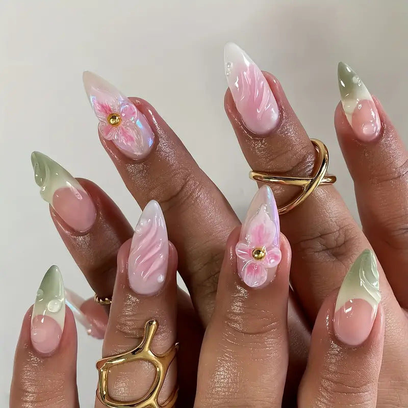 Artistic Floral 3D Press-On Nail Art Bowlift