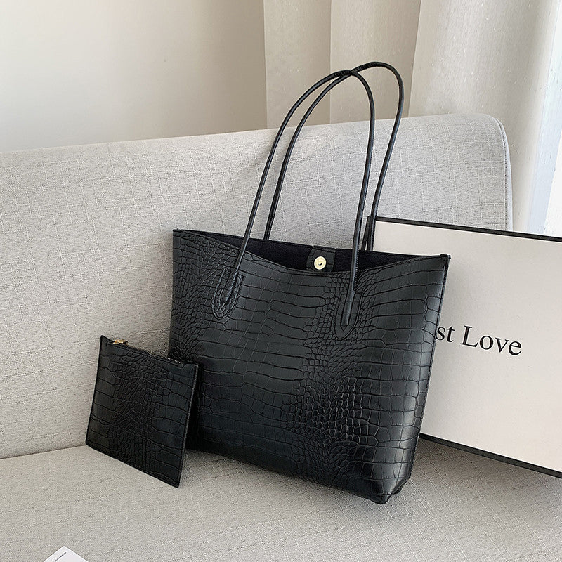 Crocodile-Embossed Tote Bag with Detachable Clutch Bowlift