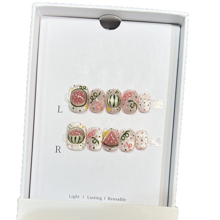 Artistic Press-On Nail Art Set with Watermelon Theme Bowlift