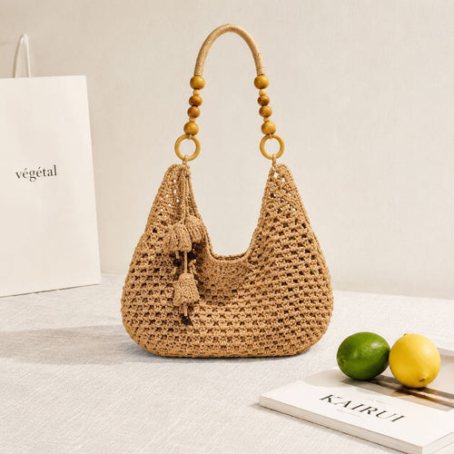 Handcrafted Macrame Shoulder Bag with Wooden Handles Bowlift