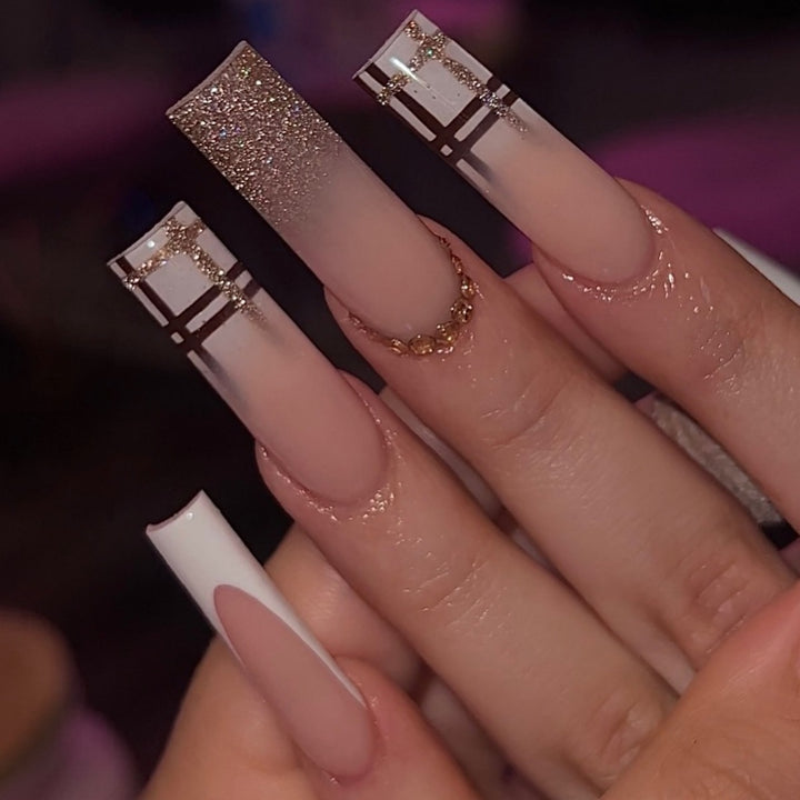Decorative Long Coffin Nail Extensions with Glitter Accents Bowlift
