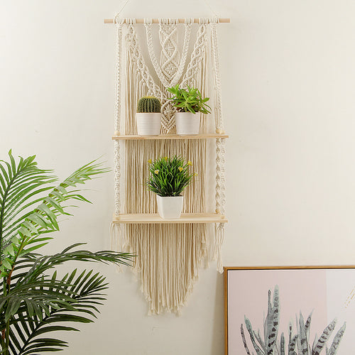 Decorative Macramé Wall Shelf with Dual Plant Holders Bowlift
