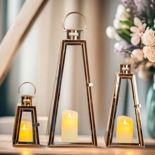 Modern Triangular Glass Candle Lantern Set with Gold Metal Frame Bowlift