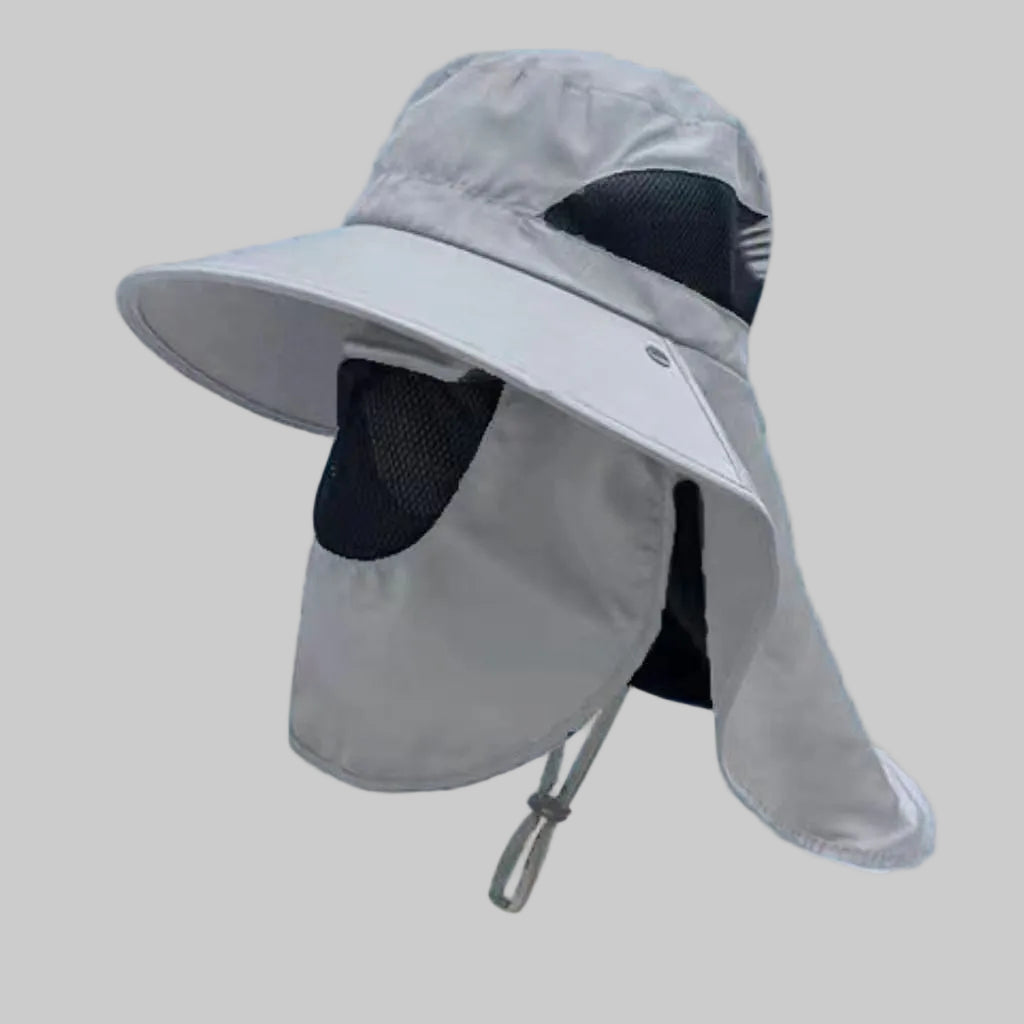 Non-ventilated sun hat with removable fan, neck protection, and adjustable chin strap Bowlift