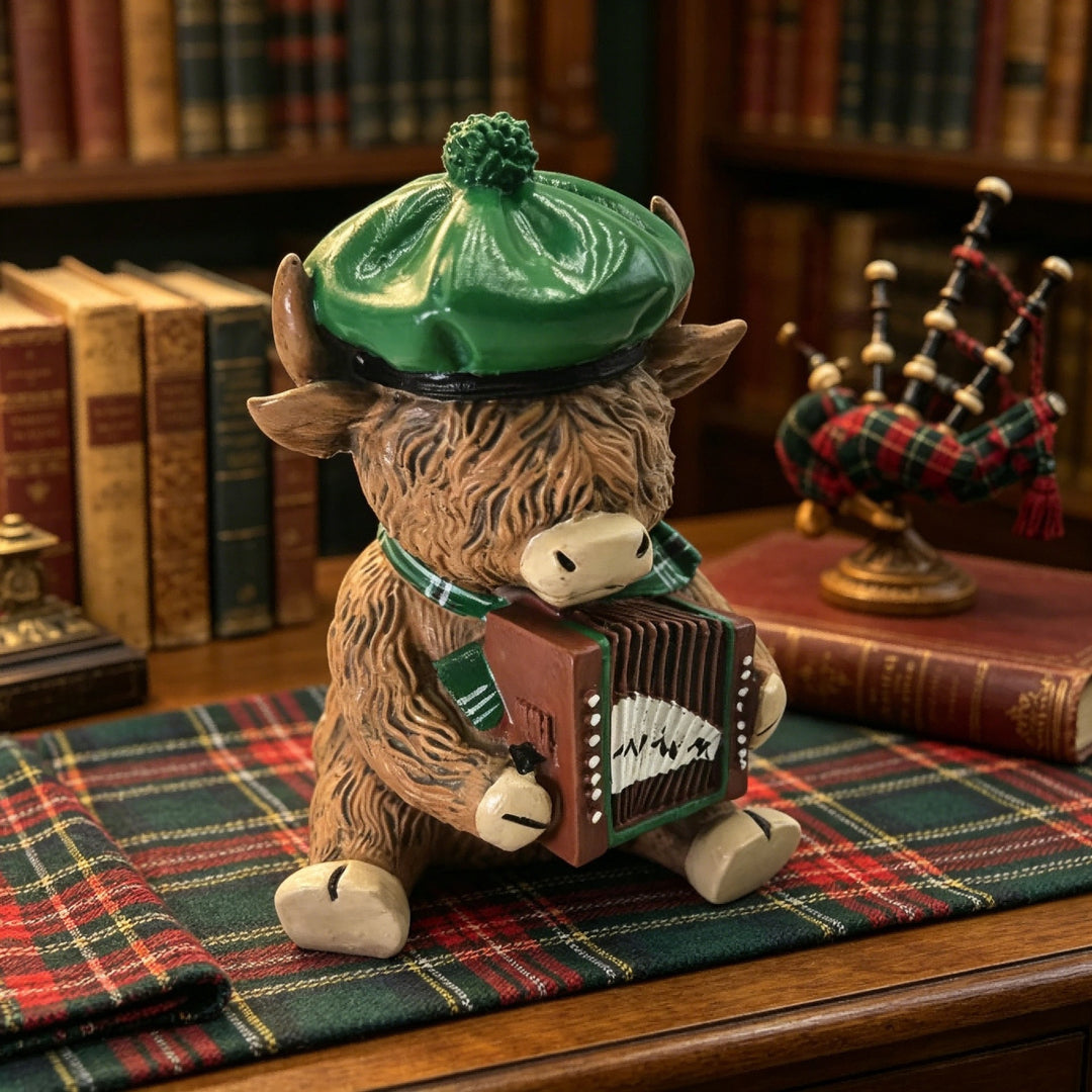 Decorative Highland Cattle Figure with Accordion Bowlift