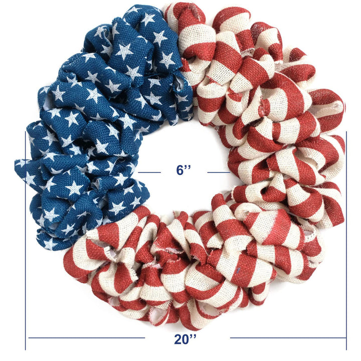 Unisex nan patriotic burlap looped front door wreath with star and stripe Americana pattern Bowlift