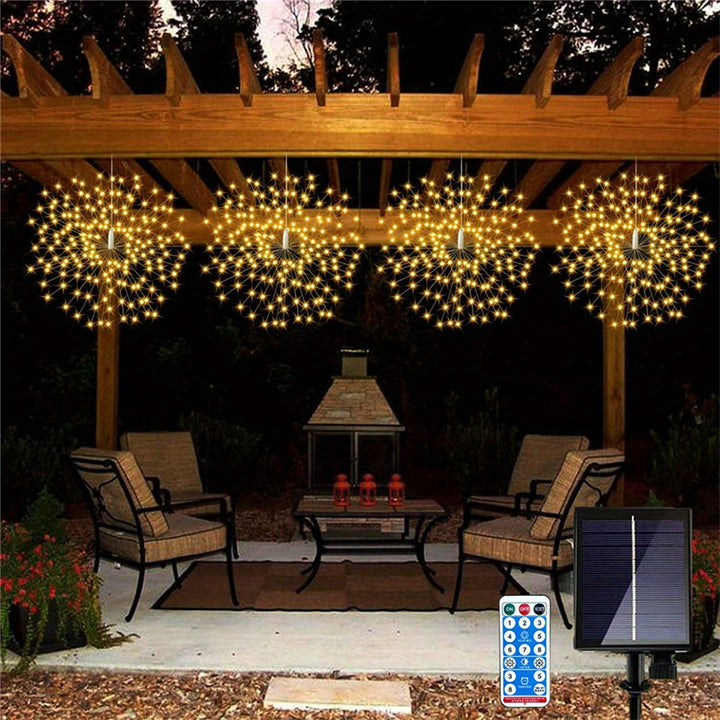 Solar-Powered Starburst Hanging LED Garden Lights With Waterproof Firework-Shaped Clusters And Automatic Dusk-To-Dawn Sensor Bowlift