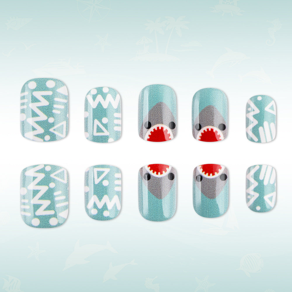 Artistic Shark-Themed Press-On Nail Design Bowlift
