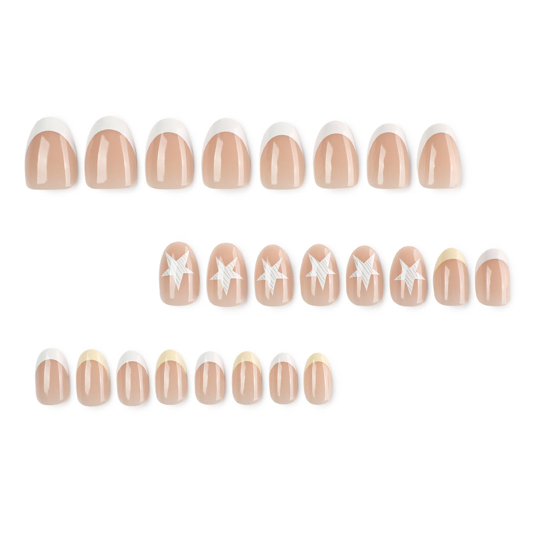 Elegant artificial nails with classic French tip and intricate star design Bowlift