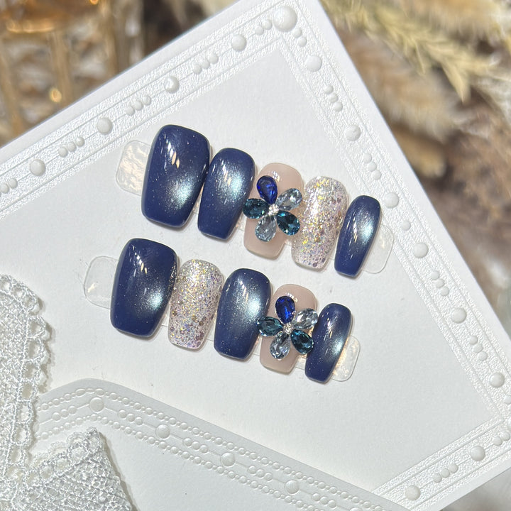 Elegant Floral Press-On Nail Set with Gemstone Accents Bowlift