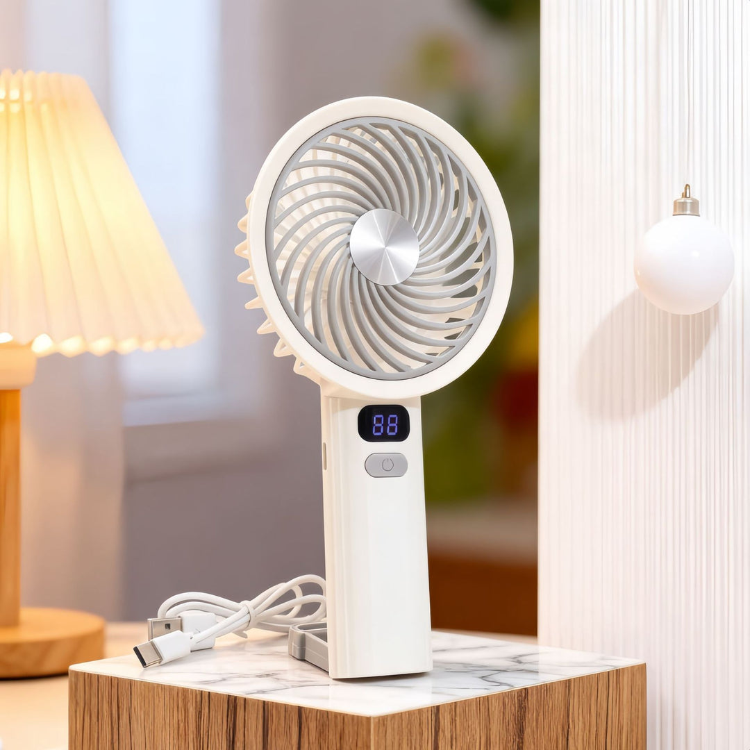 Ladies Portable Hand Fan with LCD Temperature Display and Rechargeable Battery Bowlift