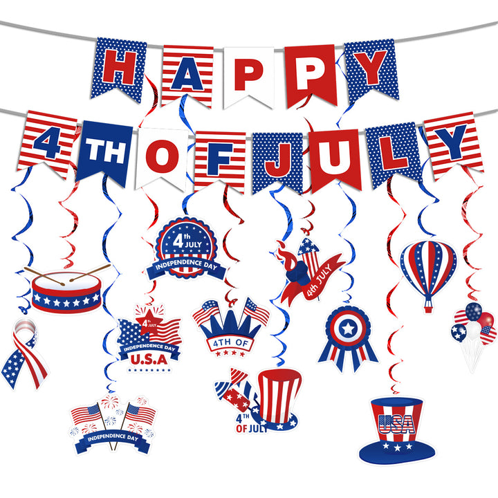 Unisex hanging party decoration hanger with spirals, patriotic symbol pendants and hanging loops Bowlift