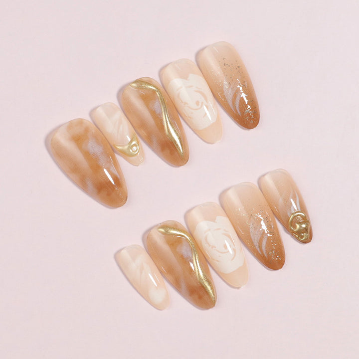 Artistic Press-On Nail Set with Gold and Floral Accents Bowlift