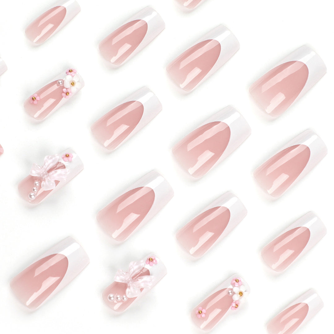 Artificial nail set with romantic 3D flowers and bow decorations Bowlift