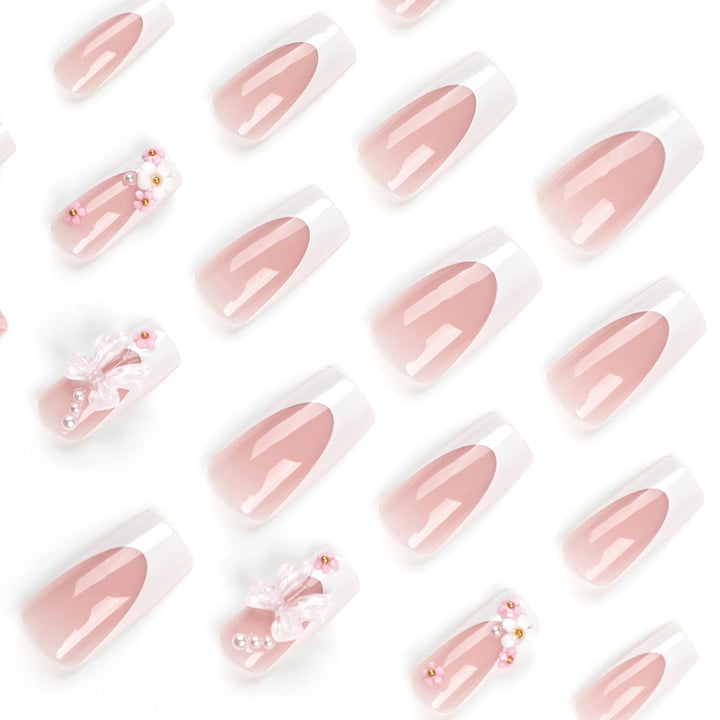 Artificial nail set with romantic 3D flowers and bow decorations Bowlift