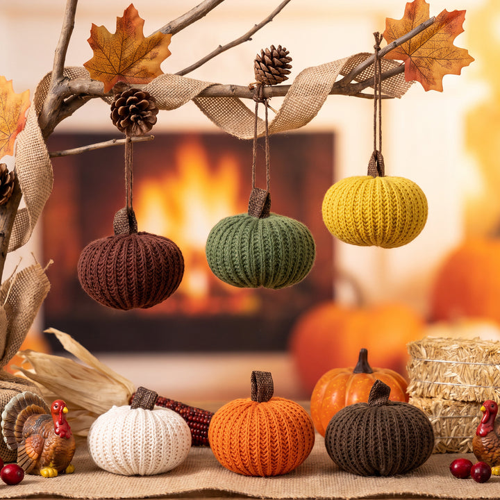 Knitted decorative pumpkin set handcrafted autumn table decor