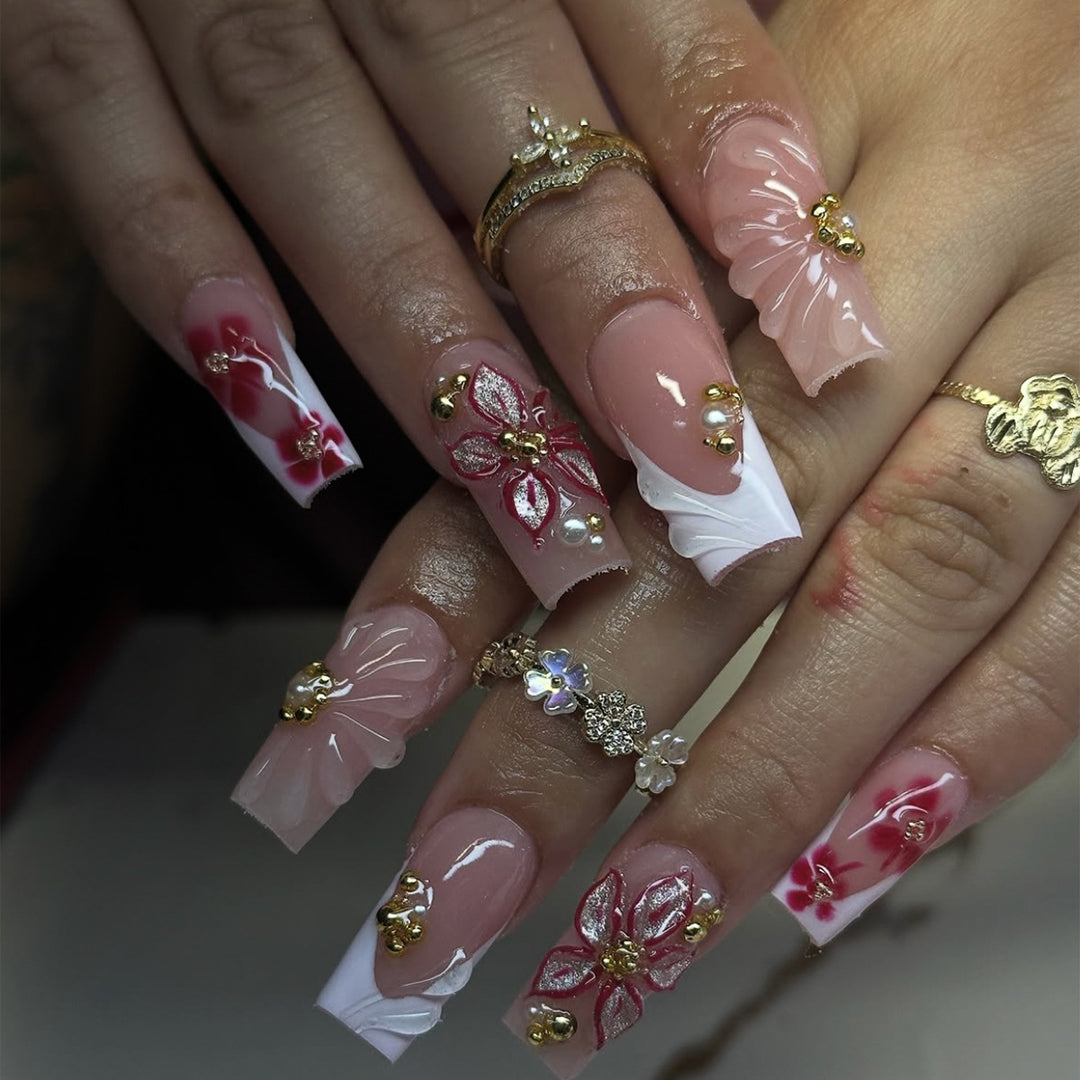 Elegant Floral Acrylic Nail Art Bowlift