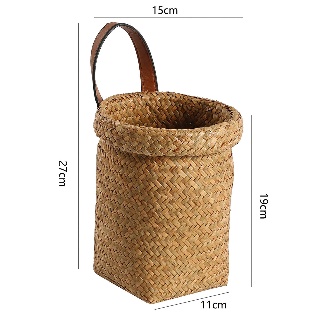 Handwoven Natural Storage Bin with Leather Trim Bowlift