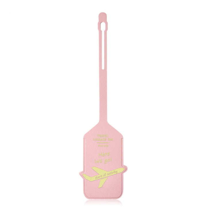 premium leather travel luggage ID tag with embossed airplane motif and adjustable strap Bowlift