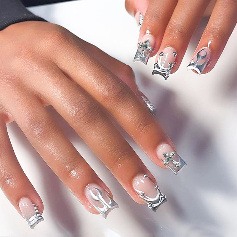Decorative Press-On Nail Art Set with Stylish Marble and Gem Accents Bowlift