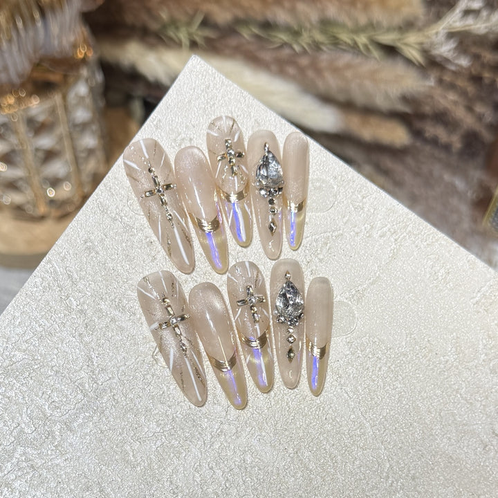 Premium Stiletto Press-On Nail Art Set with Gemstone Accents Bowlift